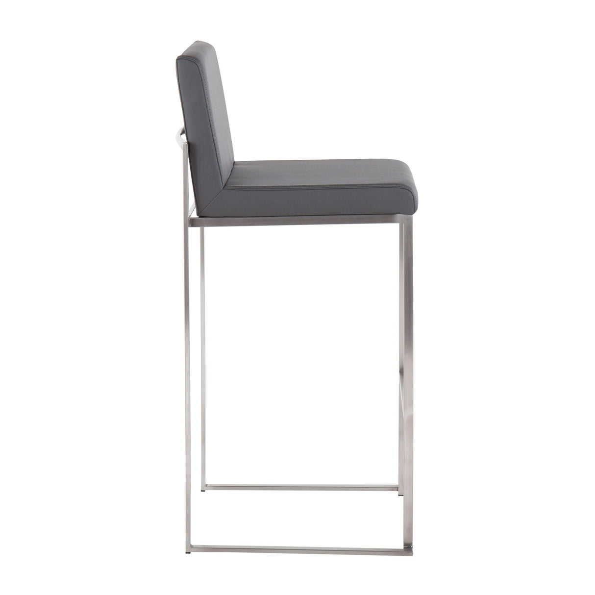 The Fuji - Contemporary And Modern Elegance High Back Barstool features a slim metal frame with square legs and a dark gray cushioned seat and back, showcased in a side view against a white background.