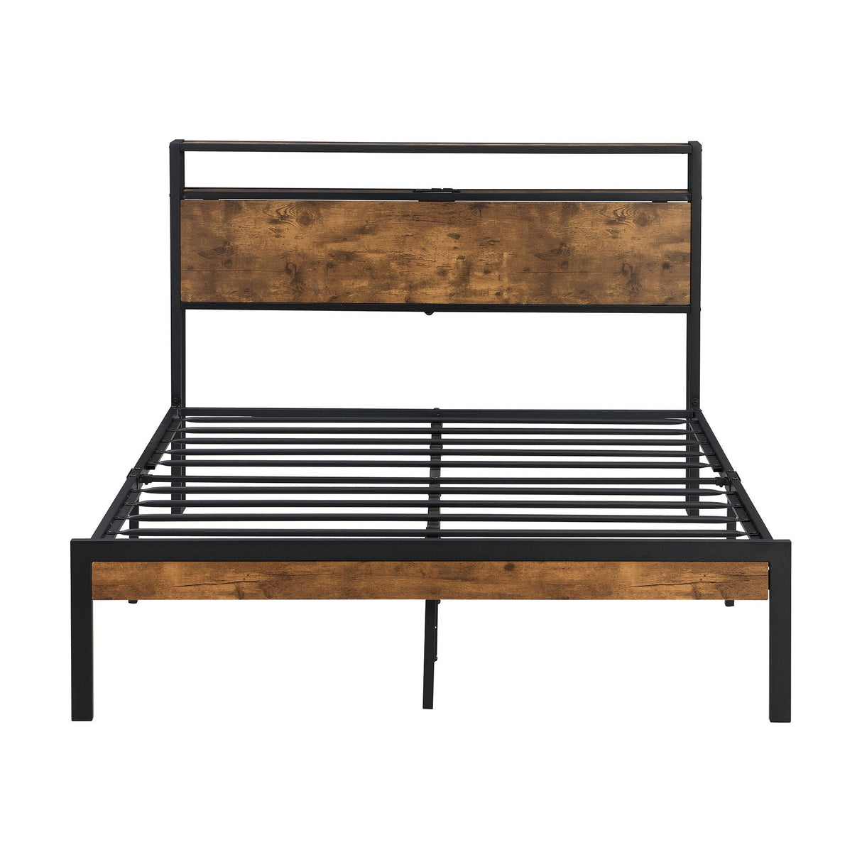 Full Size Metal Platform Bed Frame With Wooden Headboard And Footboard With USB Liner, No Box Spring Needed, Large Under Bed Storage - Brown by Couch.com