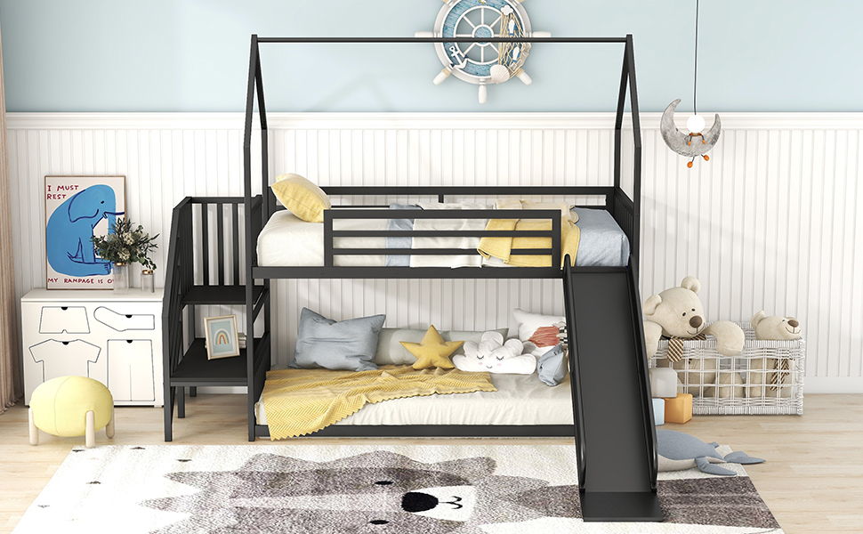 Twin Over Twin Metal Bunk Bed House Bed With Slide And Staircase by Couch.com