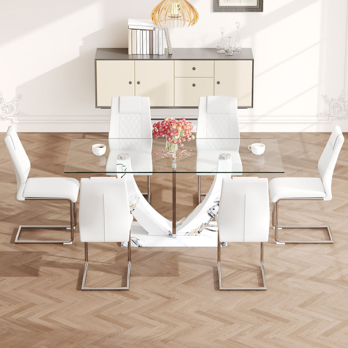 Table And Chair Set, Large Modern Rectangular Glass Table, Can Accommodate 6-8 People, Equipped With A 0.39" Tempered Glass Tabletop And MDF Table Legs.Paired With Comfortable And Soft Chairs - White / Pearl Silver by Couch.com