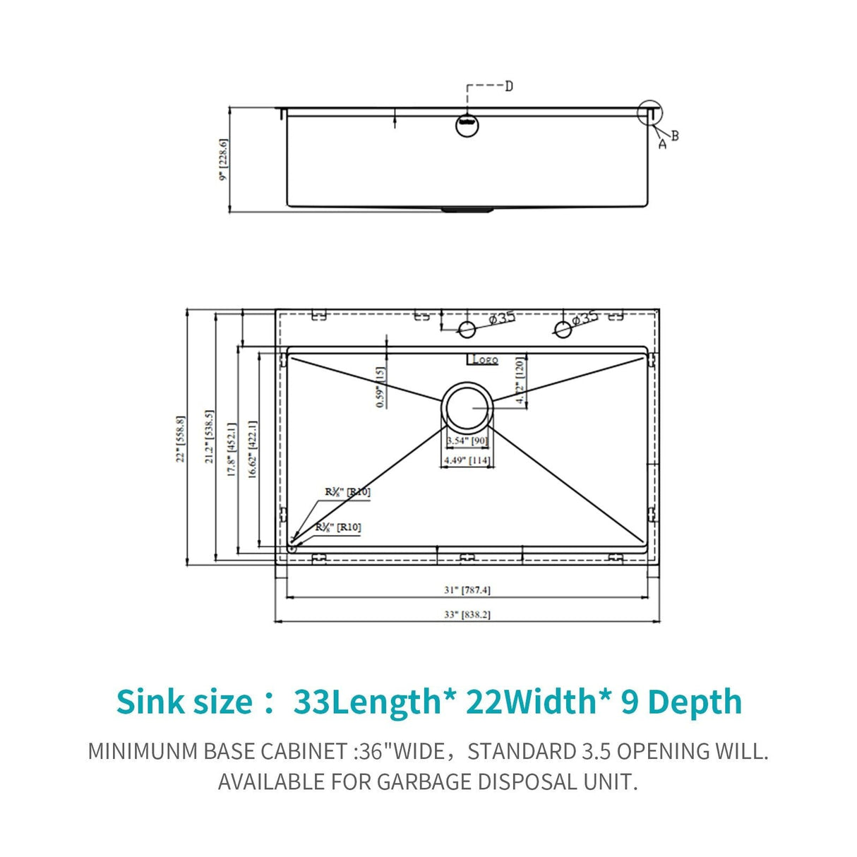 33" Drop In Kitchen Sink With Ledge Workstation, 16 Gauge Stainless Steel - Gunmetal Black