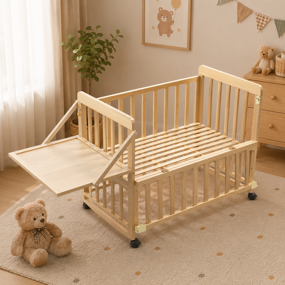Solid Wood Bedside Baby Bassinet and Mini Crib with Mattress, 3 Heights and Changing Shelf