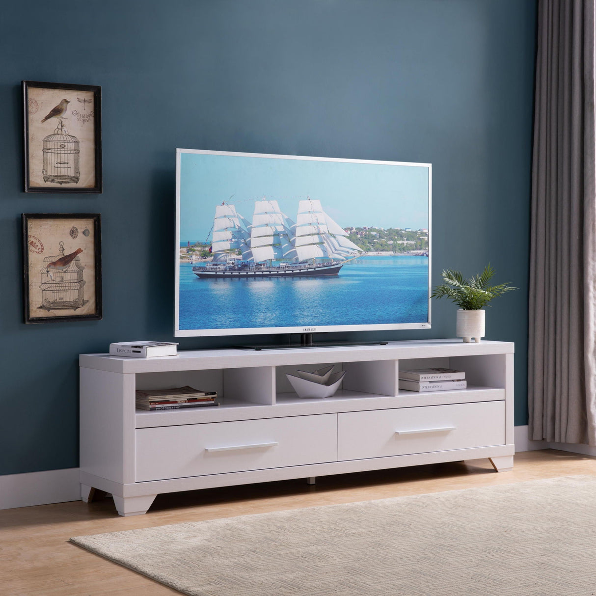 Modern White TV Media Stand, Home Entertainment Center With Open Shelving And Two Drawers - White by Couch.com