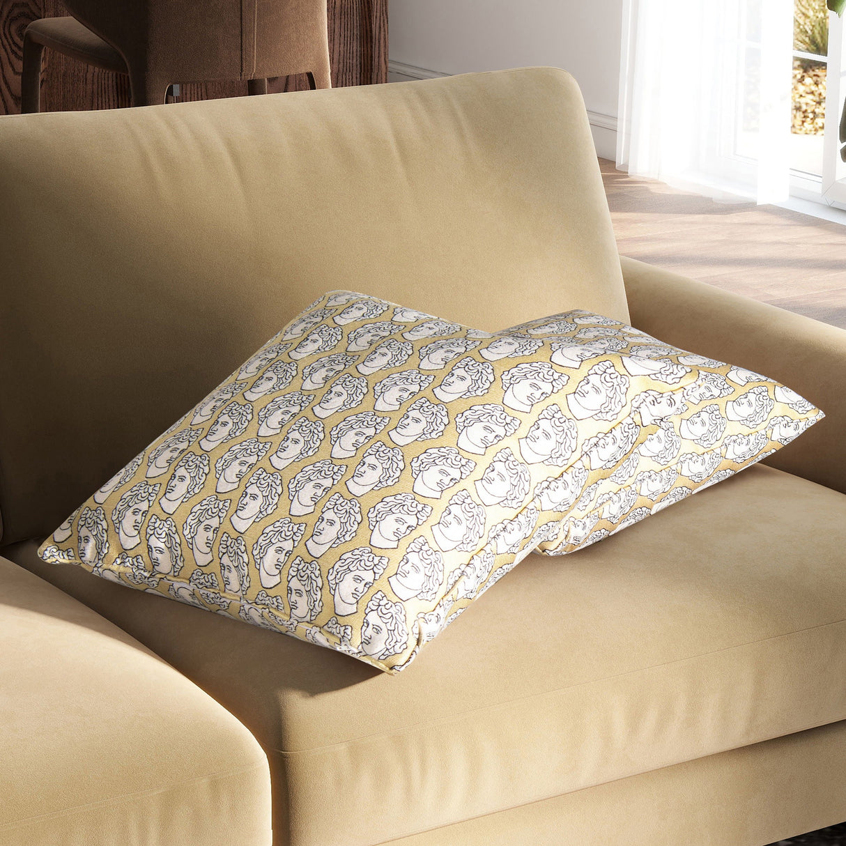 La Broderie - Square Embroidered Throw Pillow / Feather Down Insert - Apollo Bust Gold / Cream Embroidery by Couch.com