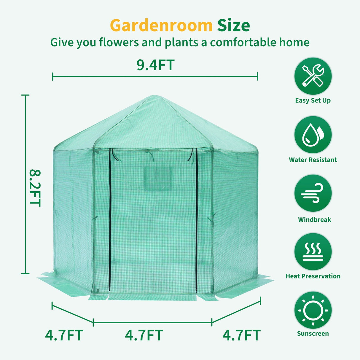 Walk-in Greenhouse Hexagonal Upgrade Reinforced Frame Heavy Duty Plastic Greenhouse Reinforced Thickened Waterproof Insulation (9.2*8.1 ft) - Green by Couch.com