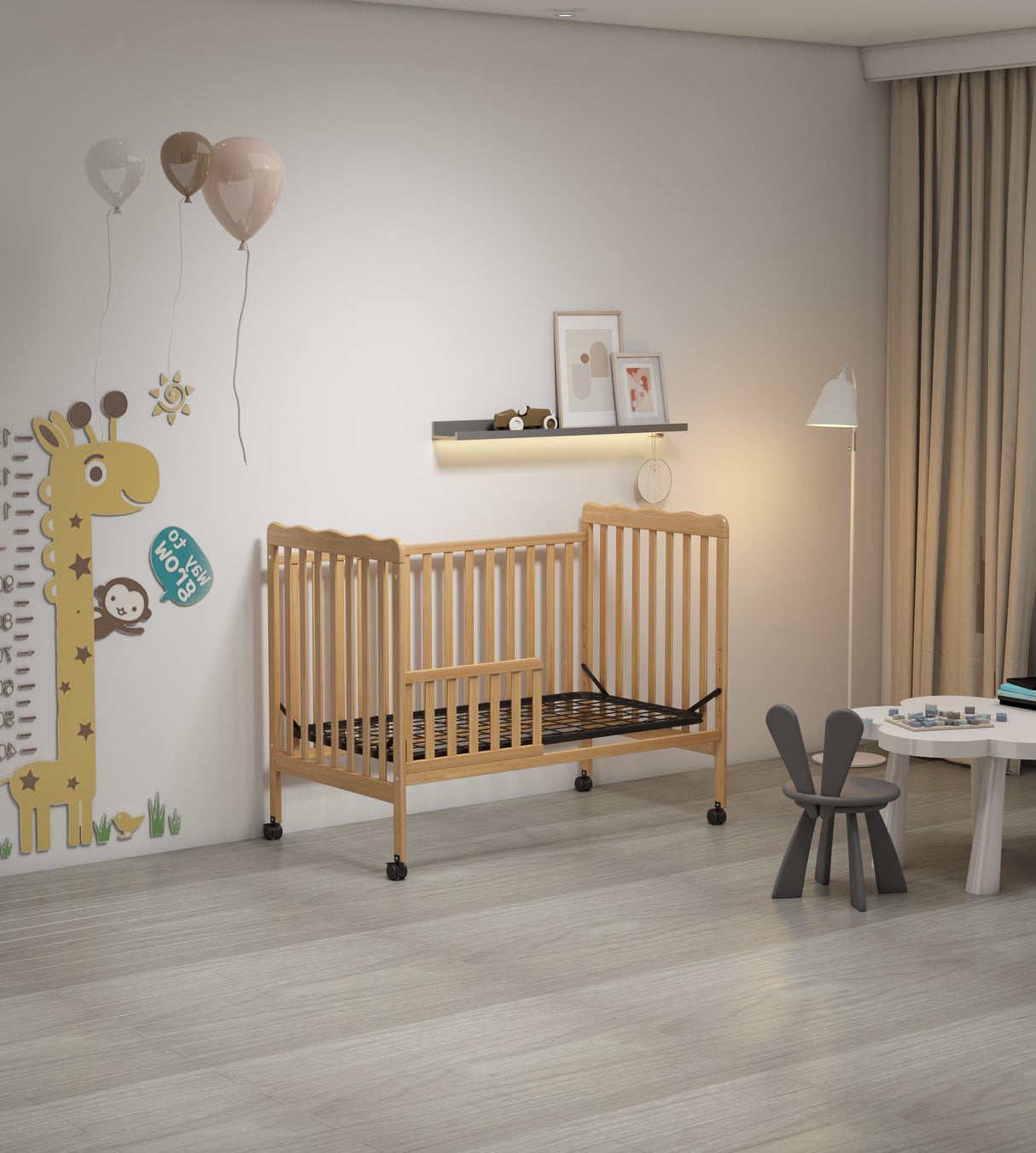 Crib 3 In 1 Convertible, Made Of Sustainable Pinewood, Non Toxic Finish, Comes With Locking Wheels, Wooden Nursery Furniture by Couch.com