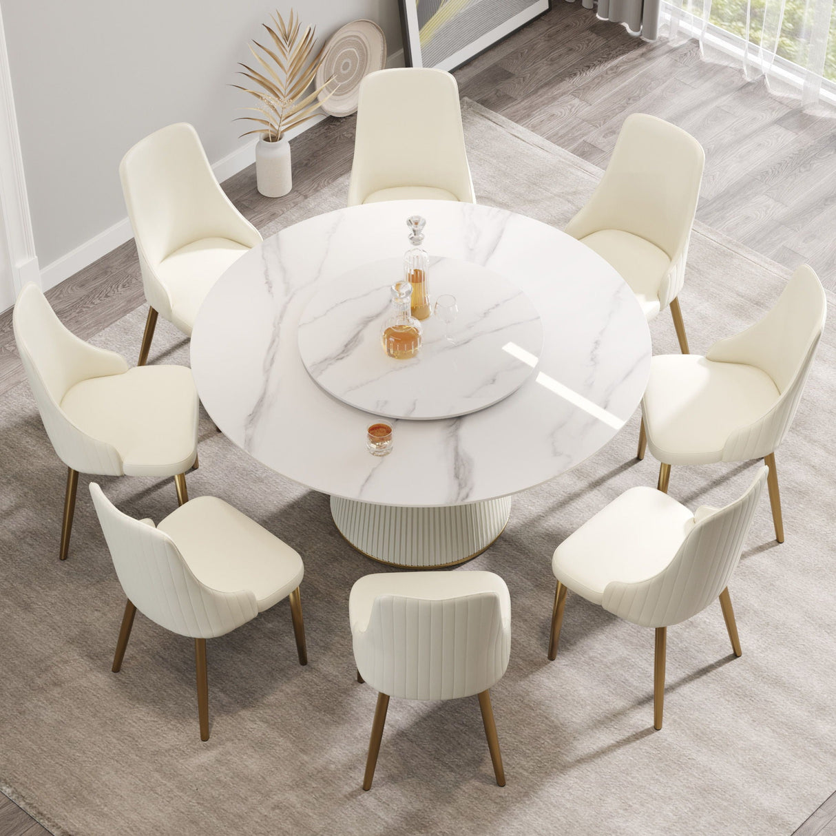 Modern Artificial Stone Round Plywood Base Dining Table, Can Accommodate 8 People, Artificial Stone Turntable (Not Including Chairs) - White / Beige by Couch.com