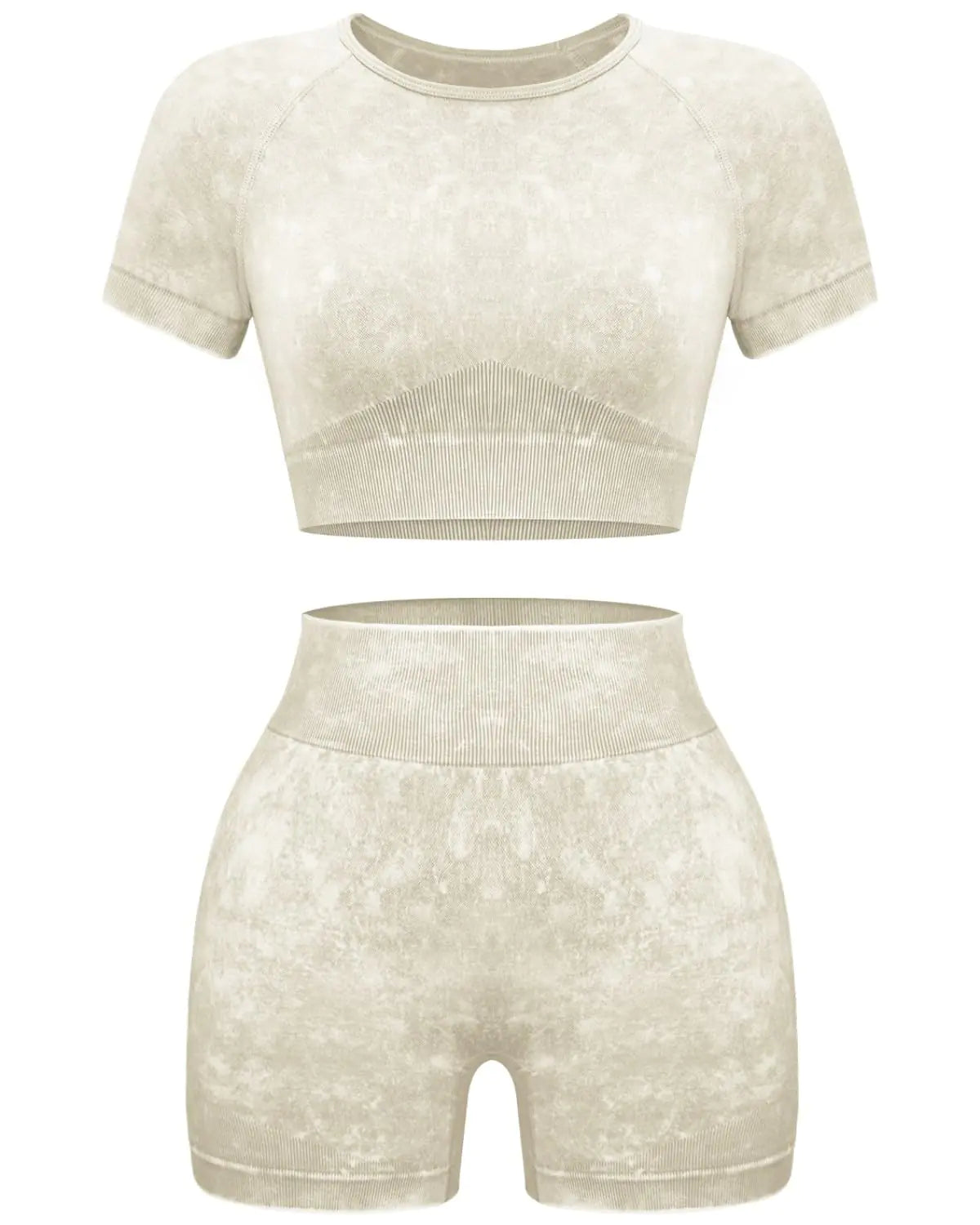 OLCHEE Womens Workout Sets 2 Piece - Seamless Acid Wash Yoga Outfits Shorts and Crop Top Matching Gym Athletic Clothing Set Short-sleeve + Shorts: Coffee Small