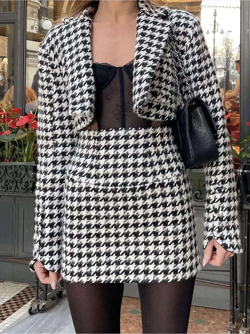 Houndstooth Blazer and Skirt Set with Design Flair
