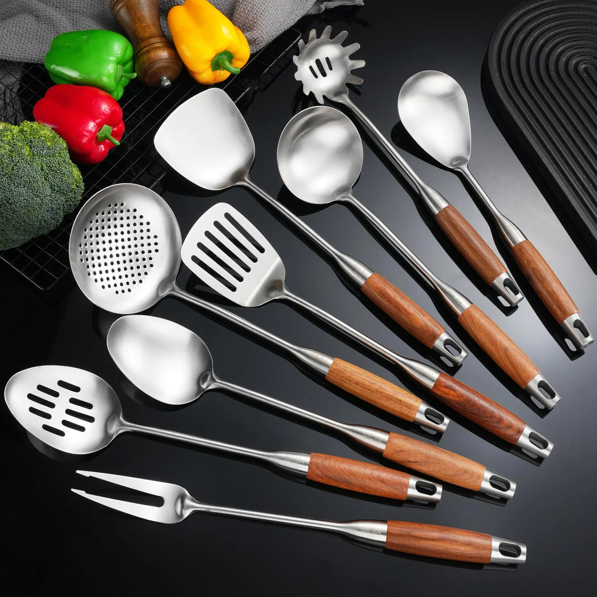 NIITAWH 304 Stainless Steel Kitchen Utensils Set with Wooden Handle for Cooking 9 PCS with Solid Spoon Slotted Spoon Fork Spatula Ladle Skimmer Slotted Tunner Spaghetti Spoon Large Spoon