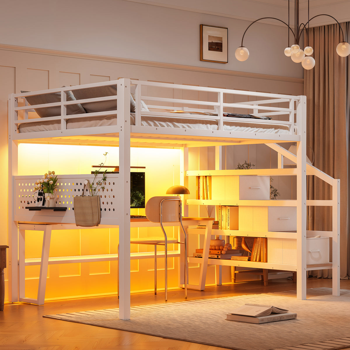 Full Size Metal Loft Bed featuring Storage Stairs and Movable Desk with USB, White Metal Loft Bed Frame with 3 Fabric Drawers and LED, Full-Length Guardrail and Pegboard for Kids Teens, White