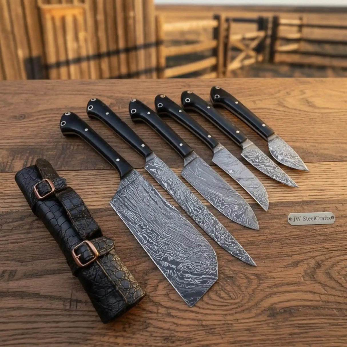 6-Piece Damascus Japanese Chef Collection with Wood Grain Damascus Blades