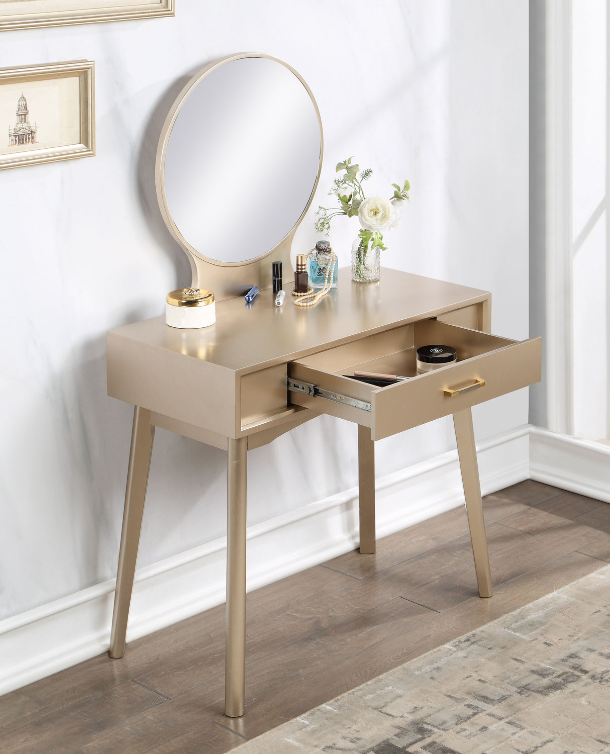 Maly - Contemporary Wood Vanity And Stool Set - Gold by Couch.com