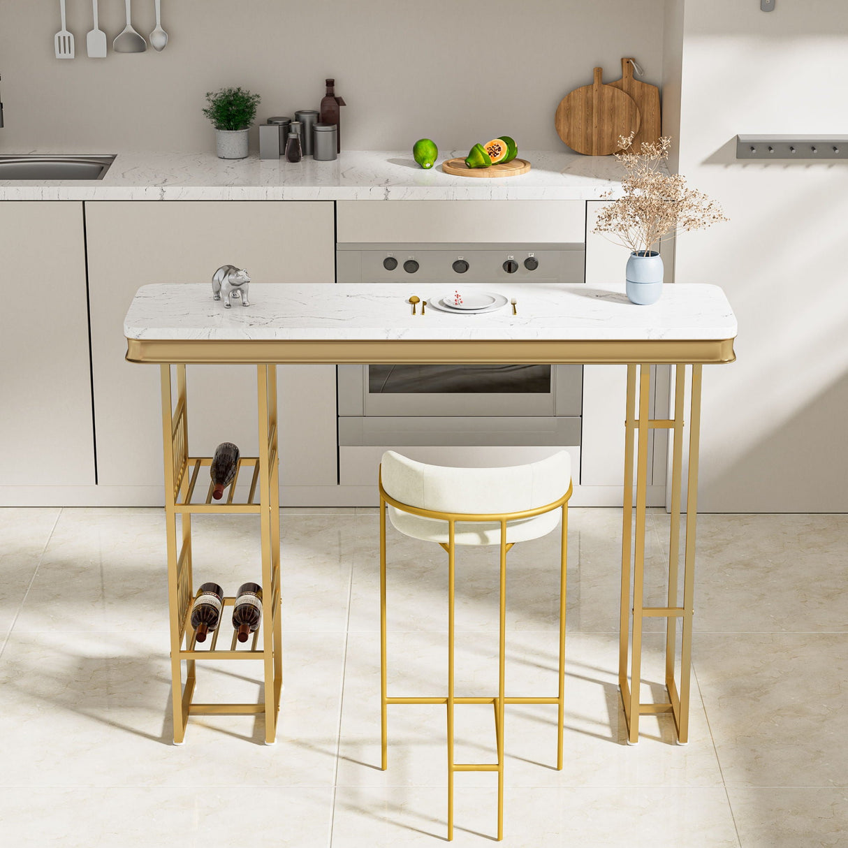 Modern Straight Bar Table With Shelves - White / Gold by Couch.com