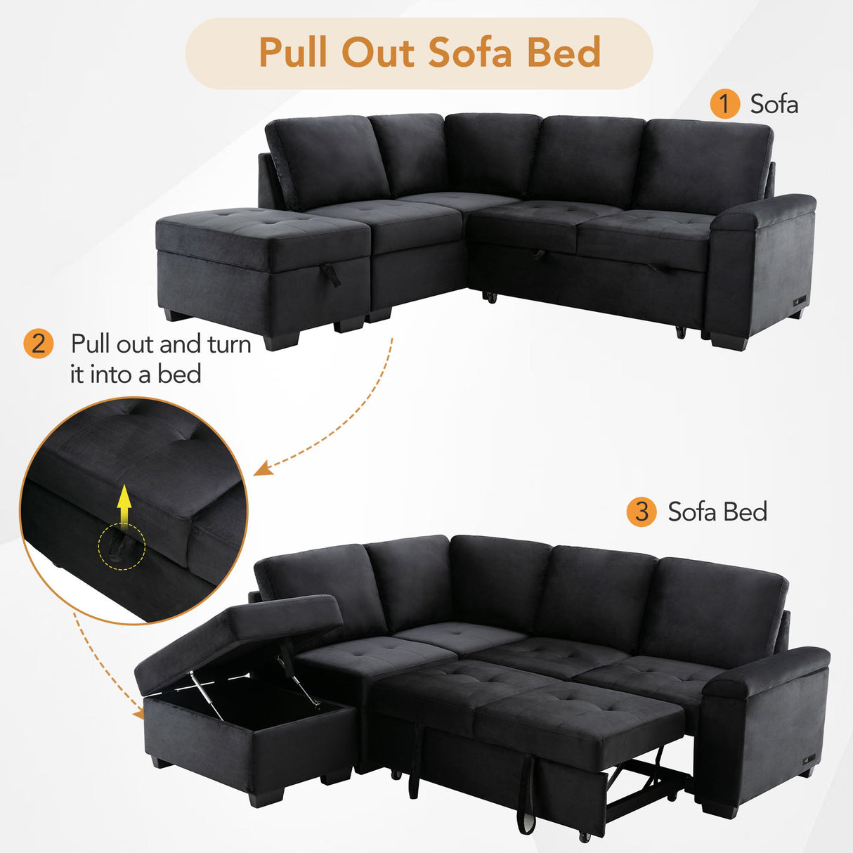 Sleeper Sectional Sofa, L-Shape Corner Couch Sofa Bed With Storage Ottoman & Hidden Arm Storage & USB Charge For Living Room Apartment by Couch.com