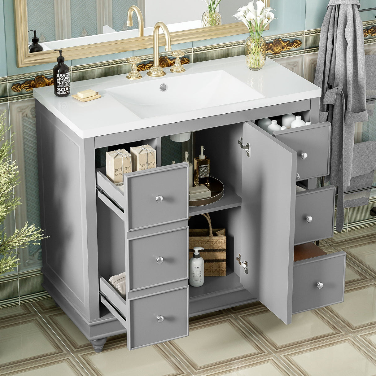 Contemporary Bathroom Vanity Cabinet, 4 Drawers & 1 Cabinet Door, Multipurpose Storage, Resin Integrated Sink, Adjustable Shelves, Solid Wood Frame With MDF by Couch.com