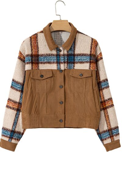 Plaid Corduroy Flap Pockets Button Up Jacket Trendy Outerwear With Classic Flap Pockets For Casual Comfort