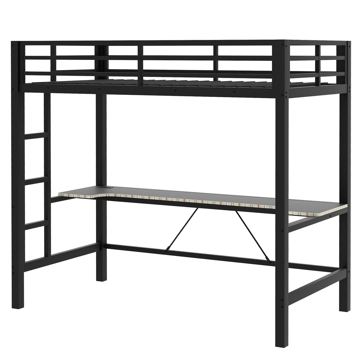 Twin Size Gaming Metal Loft Bed Frame With LED Light And Desk - Black by Couch.com