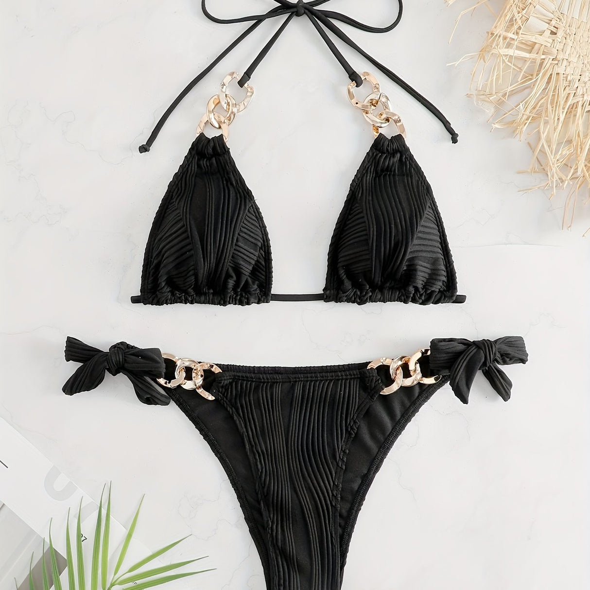 Bikini Ruched Texture Golden Chain 2 Piece Triangle Swimsuit for Women – Striped Halter Bikini Set with Bow Tie Side and Elegant Ring Link Detail – Stretchy Beachwear for Pool Bathing and Summer Vacations