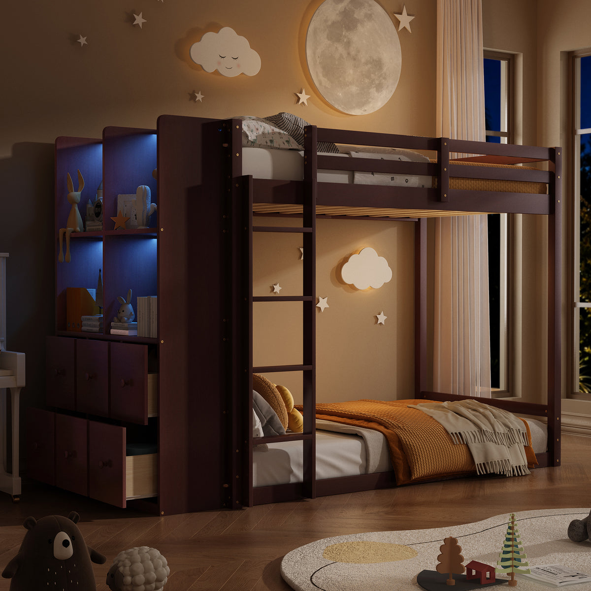 Twin Size Bunk Bed with Drawers, Shelves and Light, Espresso