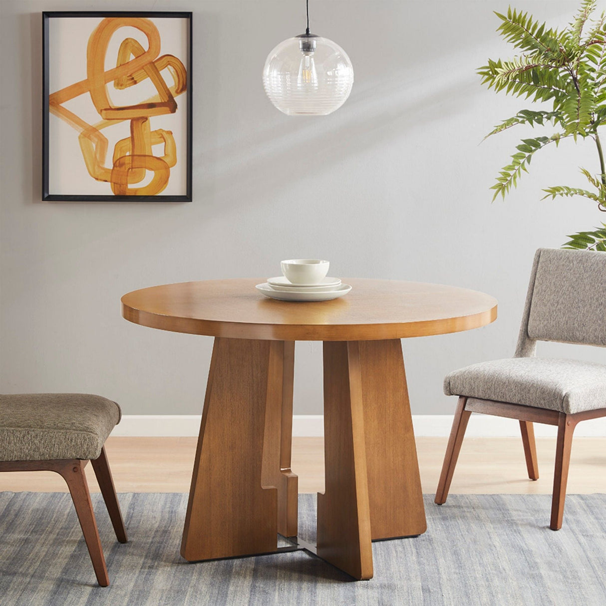 Modern Round Dining Table With Pecan Wood Veneer - Walnut by Couch.com
