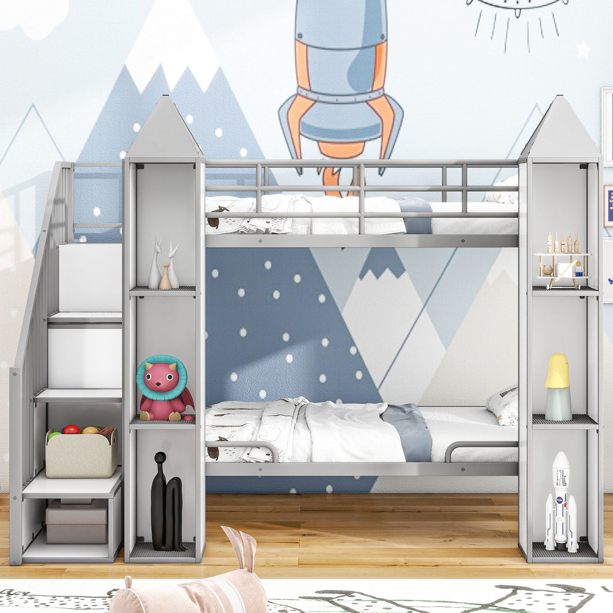 Metal Twin Over Twin Castle-Shaped Bunk Bed With Wardrobe And Multiple Storage - Gray / White by Couch.com