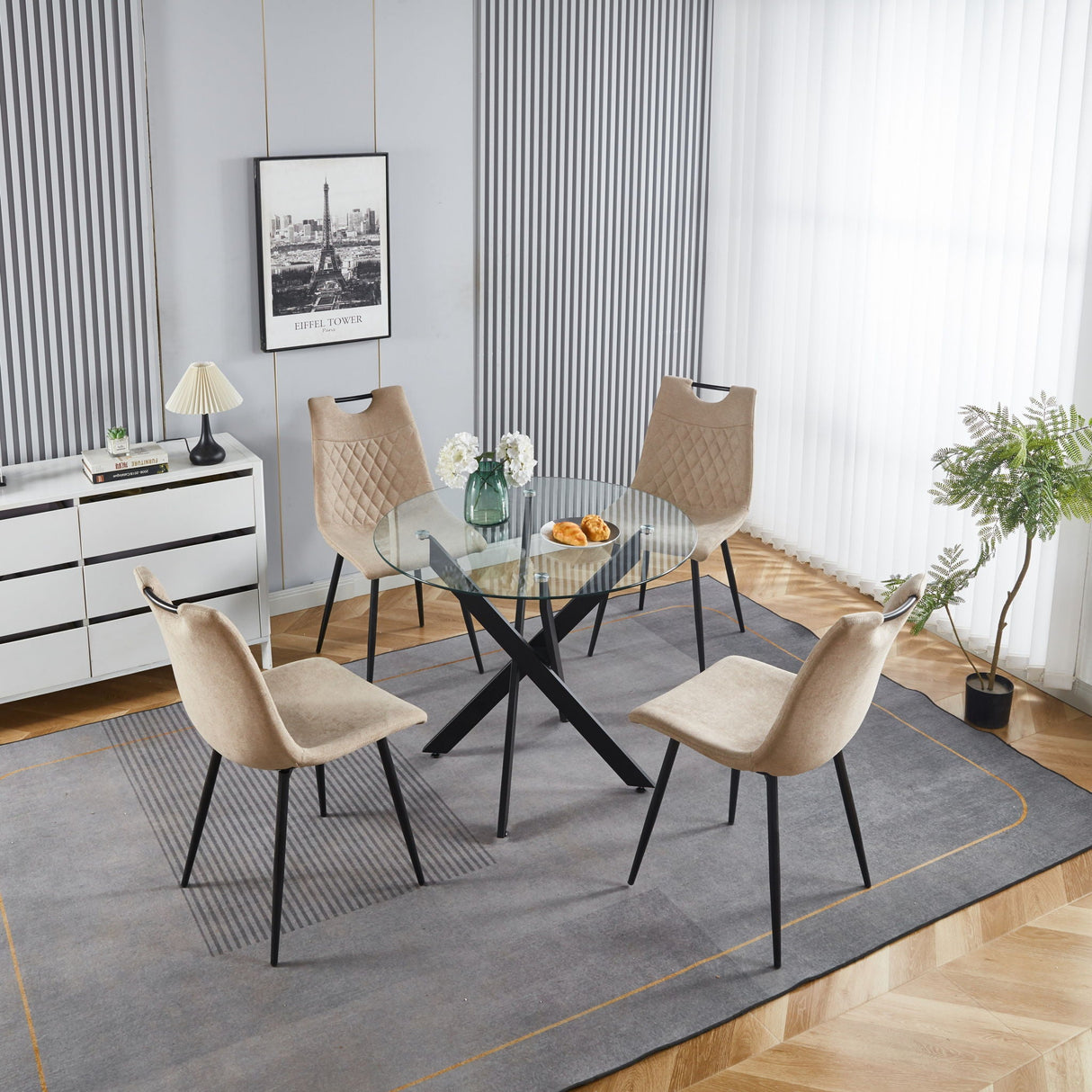 5 Pieces Dining Set, Table Metal Leg Mid-Century Dining Table For 4 - 6 People With Glass Table Top, Pedestal Dining Table, End Table Leisure Coffee Table - Beige / Black by Couch.com