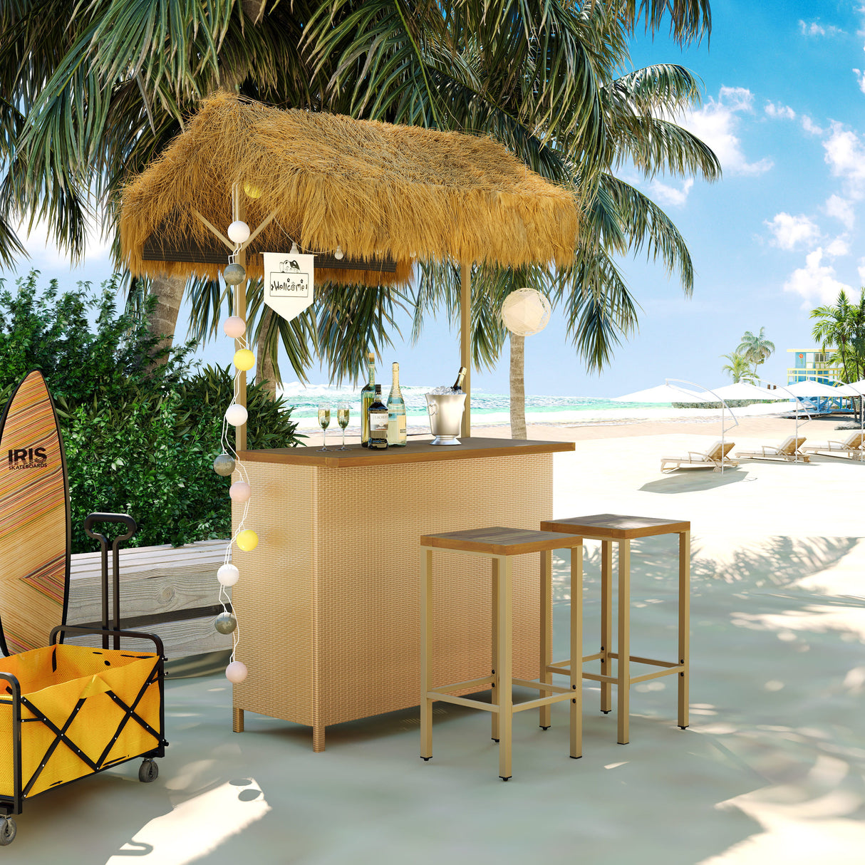 Hawaiian-Style Bar Height Patio Set With PE Grass Canopy, Outdoor Bar Table And Stools With Adjustable Feet, Acacia Wood Top, For Dining And Drinking - Natural by Couch.com