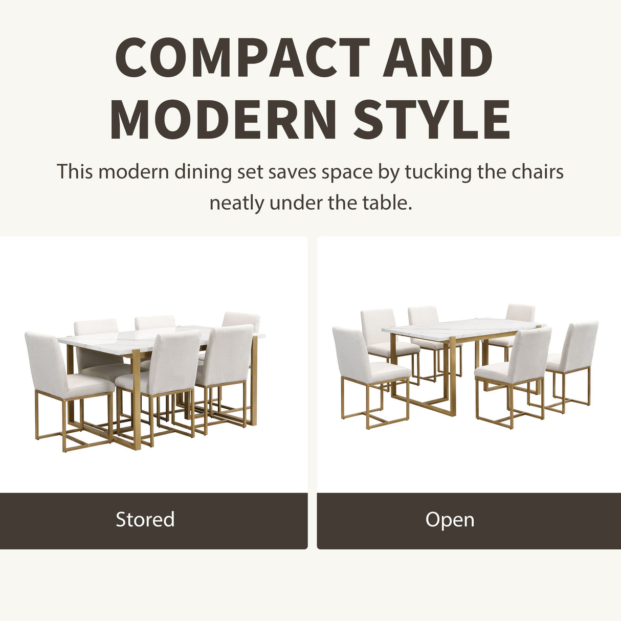 Couch.com Modern Dining Table Set For 6 Faux Marble Kitchen Table Set With 6 Upholstered Dining Chairs, 7 Piece White / Golden, Durable Design, Modern Style, Wood Construction, White Finish by Couch.com