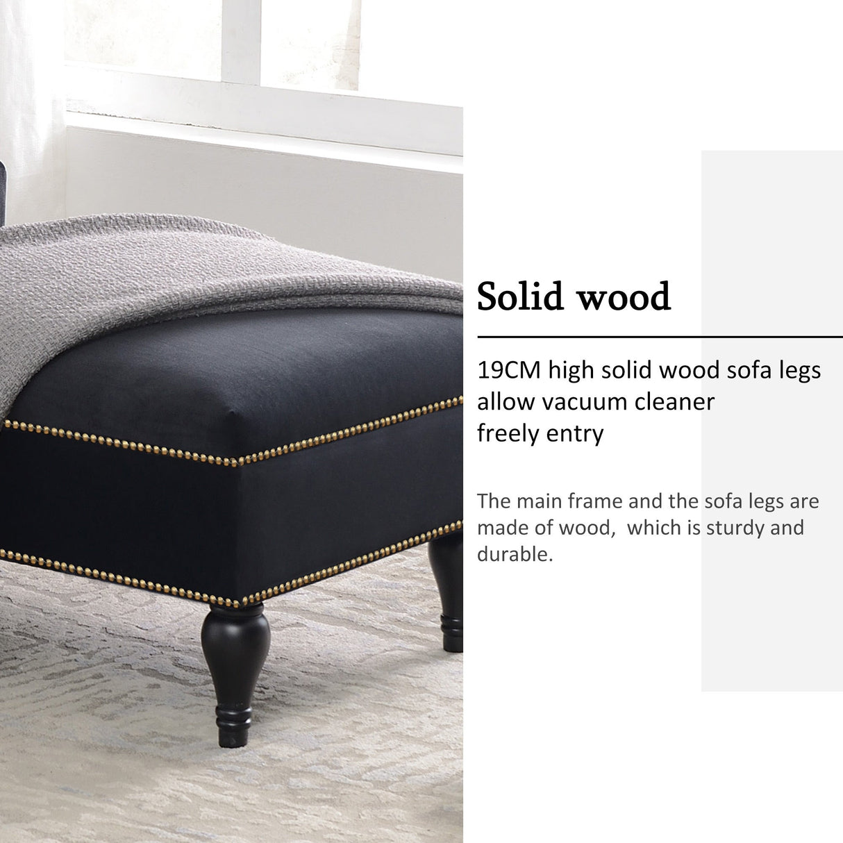 58" Velvet Chaise Lounge with Nailhead Trim and Solid Wood Legs