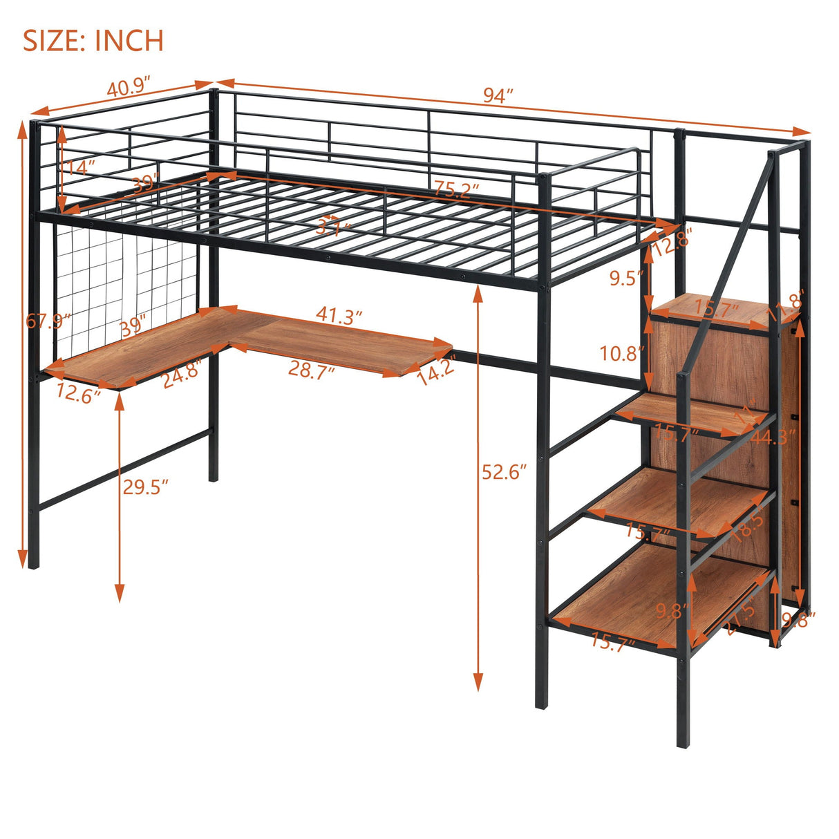 Loft Bed With Desk And Grid, Stylish Frame With Lateral Storage Ladder And Wardrobe by Couch.com