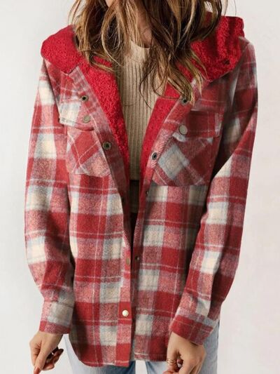 Plaid Snap Down Plush Hooded Jacket Soft & Warm Women Outerwear Cozy And Comfortable Jacket