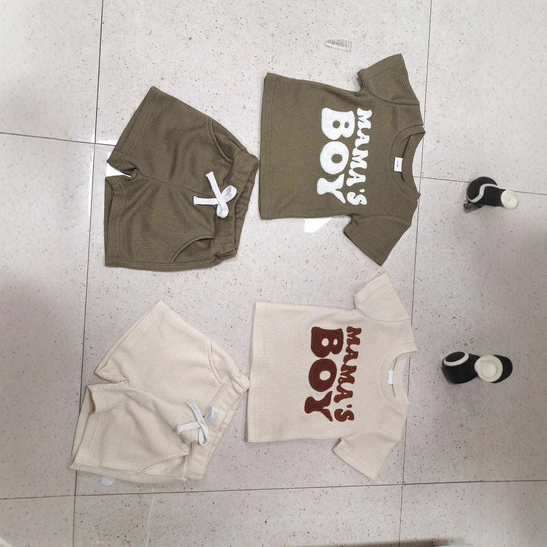 Waffle Towel Embroidery Short Sleeve Shorts Suit