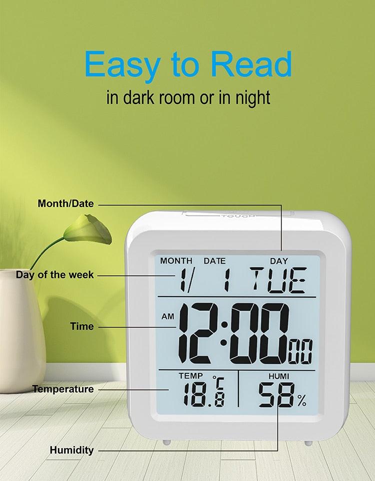 Digital Desktop LCD Snooze Calendar Alarm clock Digital Desktop Clock Electronic Digital Alarm Clocks for Bedroom Home Decor LCD Screen with Time/Calendar/Temperature Display White Bedroom Watch with Thermometer & Hygrometer for Home Battery Operated