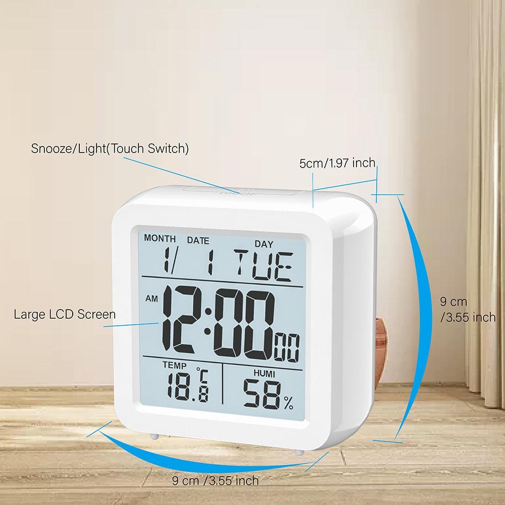 Digital Desktop LCD Snooze Calendar Alarm clock Digital Desktop Clock Electronic Digital Alarm Clocks for Bedroom Home Decor LCD Screen with Time/Calendar/Temperature Display White Bedroom Watch with Thermometer & Hygrometer for Home Battery Operated