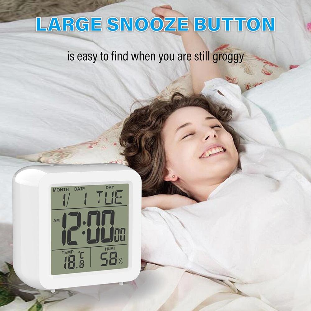 Digital Desktop LCD Snooze Calendar Alarm clock Digital Desktop Clock Electronic Digital Alarm Clocks for Bedroom Home Decor LCD Screen with Time/Calendar/Temperature Display White Bedroom Watch with Thermometer & Hygrometer for Home Battery Operated