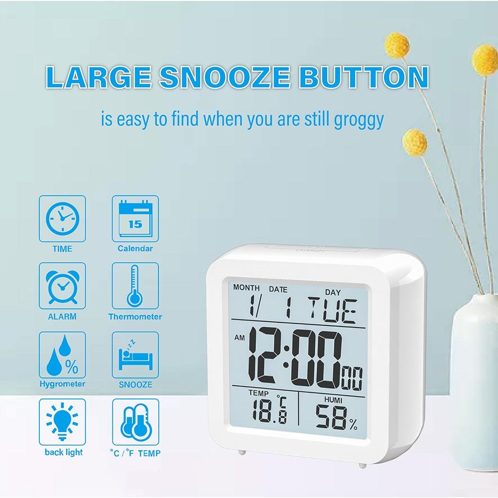 Digital Desktop LCD Snooze Calendar Alarm clock Digital Desktop Clock Electronic Digital Alarm Clocks for Bedroom Home Decor LCD Screen with Time/Calendar/Temperature Display White Bedroom Watch with Thermometer & Hygrometer for Home Battery Operated