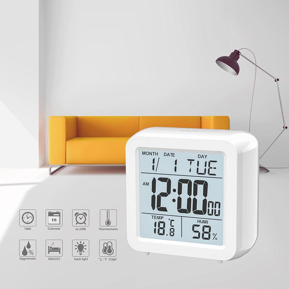 Digital Desktop LCD Snooze Calendar Alarm clock Digital Desktop Clock Electronic Digital Alarm Clocks for Bedroom Home Decor LCD Screen with Time/Calendar/Temperature Display White Bedroom Watch with Thermometer & Hygrometer for Home Battery Operated