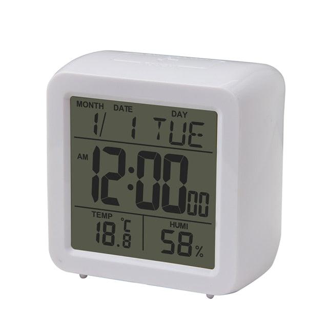 Digital Desktop LCD Snooze Calendar Alarm clock Digital Desktop Clock Electronic Digital Alarm Clocks for Bedroom Home Decor LCD Screen with Time/Calendar/Temperature Display White Bedroom Watch with Thermometer & Hygrometer for Home Battery Operated