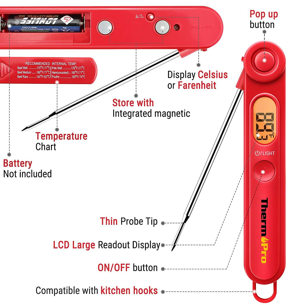 Digital Read Meat Thermometer Best Waterproof Thermometer for Kitchen Cooking Food BBQ Grill And Oil Deep Fry Candy Kitchen Cooking Food Thermometer With Backlight Magnet For Deep Fry Grill Smoker Thermometer