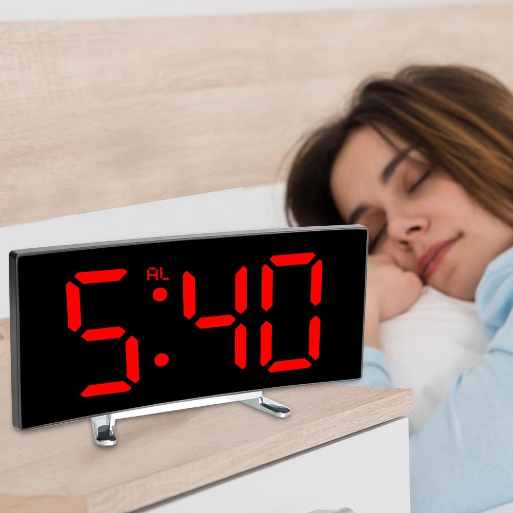 Digital Table Clock Digital Alarm Clock LED Bedside Clock Dual Alarm Adjustable Volume Alarm Clock for Bedroom Electronic 7 Inch Number Desktop Alarm Clocks For Kids Bedroom LED Screen Curved Dimmable Mirror
