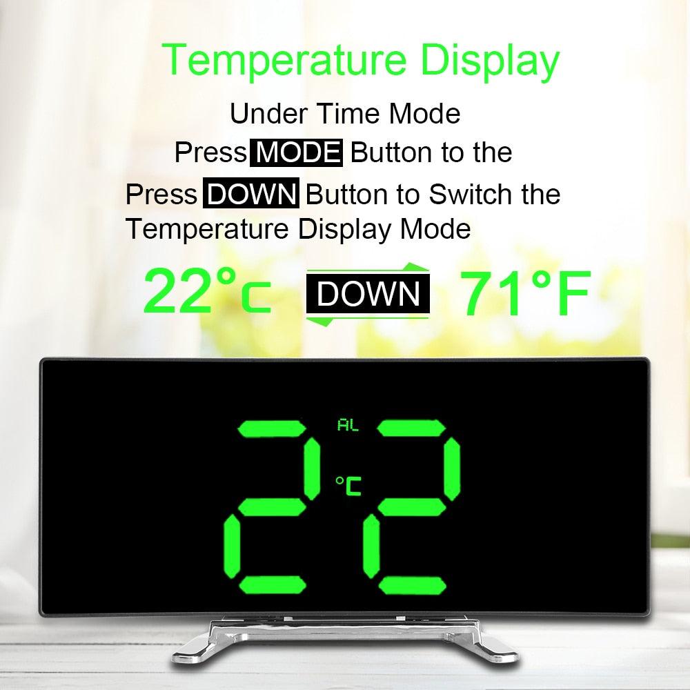 Digital Table Clock Digital Alarm Clock LED Bedside Clock Dual Alarm Adjustable Volume Alarm Clock for Bedroom Electronic 7 Inch Number Desktop Alarm Clocks For Kids Bedroom LED Screen Curved Dimmable Mirror