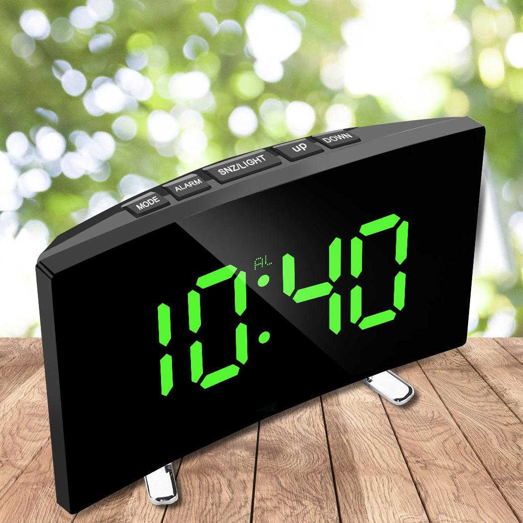 Digital Table Clock Digital Alarm Clock LED Bedside Clock Dual Alarm Adjustable Volume Alarm Clock for Bedroom Electronic 7 Inch Number Desktop Alarm Clocks For Kids Bedroom LED Screen Curved Dimmable Mirror