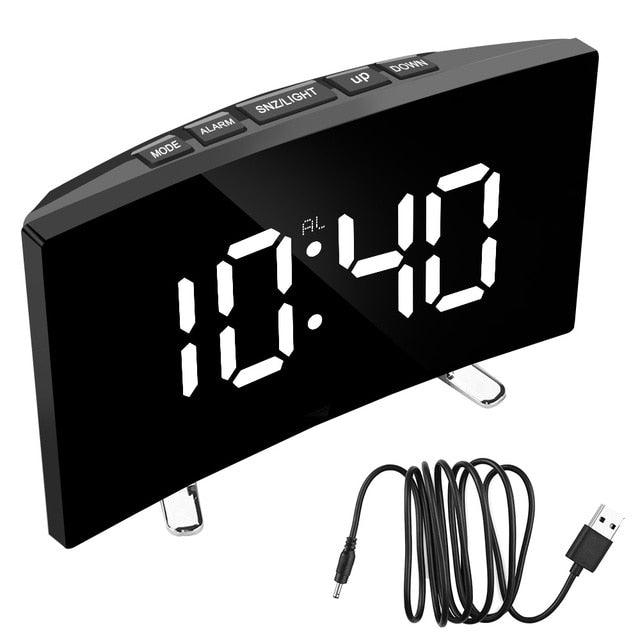 Digital Table Clock Digital Alarm Clock LED Bedside Clock Dual Alarm Adjustable Volume Alarm Clock for Bedroom Electronic 7 Inch Number Desktop Alarm Clocks For Kids Bedroom LED Screen Curved Dimmable Mirror