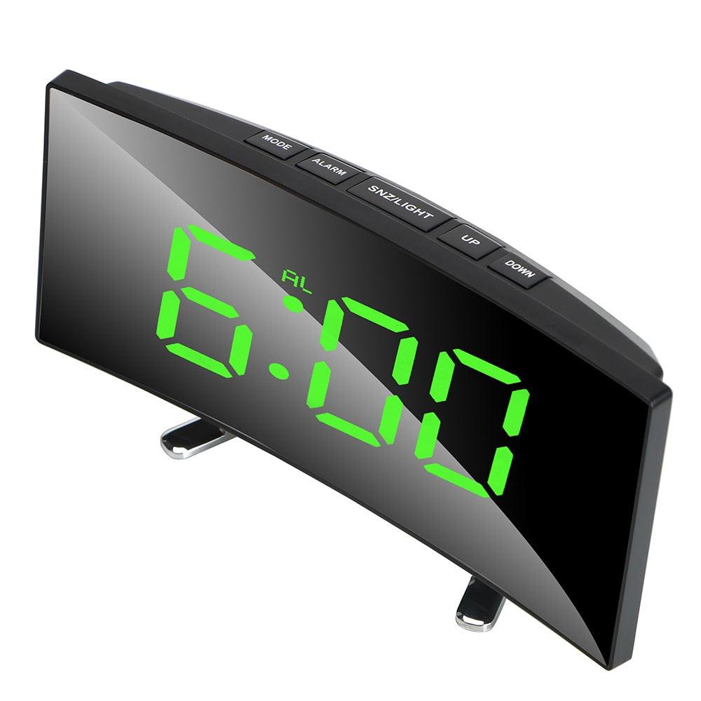 Digital Table Clock Digital Alarm Clock LED Bedside Clock Dual Alarm Adjustable Volume Alarm Clock for Bedroom Electronic 7 Inch Number Desktop Alarm Clocks For Kids Bedroom LED Screen Curved Dimmable Mirror
