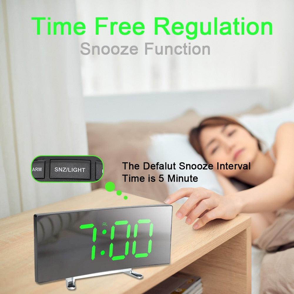 Digital Table Clock Digital Alarm Clock LED Bedside Clock Dual Alarm Adjustable Volume Alarm Clock for Bedroom Electronic 7 Inch Number Desktop Alarm Clocks For Kids Bedroom LED Screen Curved Dimmable Mirror