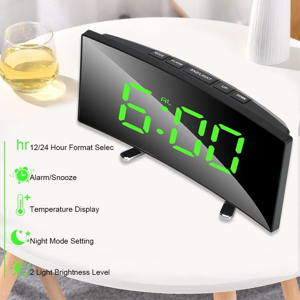 Digital Table Clock Digital Alarm Clock LED Bedside Clock Dual Alarm Adjustable Volume Alarm Clock for Bedroom Electronic 7 Inch Number Desktop Alarm Clocks For Kids Bedroom LED Screen Curved Dimmable Mirror