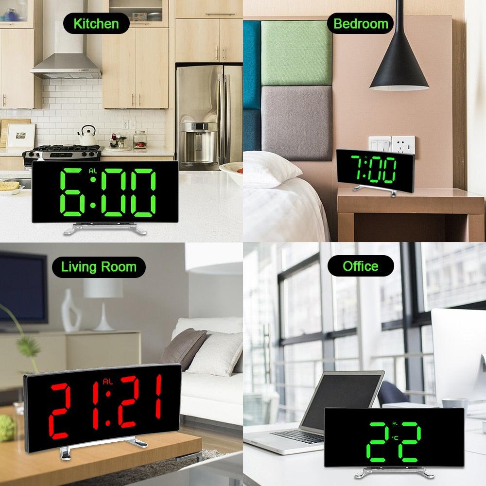 Digital Table Clock Digital Alarm Clock LED Bedside Clock Dual Alarm Adjustable Volume Alarm Clock for Bedroom Electronic 7 Inch Number Desktop Alarm Clocks For Kids Bedroom LED Screen Curved Dimmable Mirror