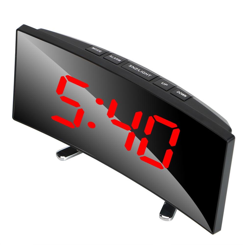 Digital Table Clock Digital Alarm Clock LED Bedside Clock Dual Alarm Adjustable Volume Alarm Clock for Bedroom Electronic 7 Inch Number Desktop Alarm Clocks For Kids Bedroom LED Screen Curved Dimmable Mirror