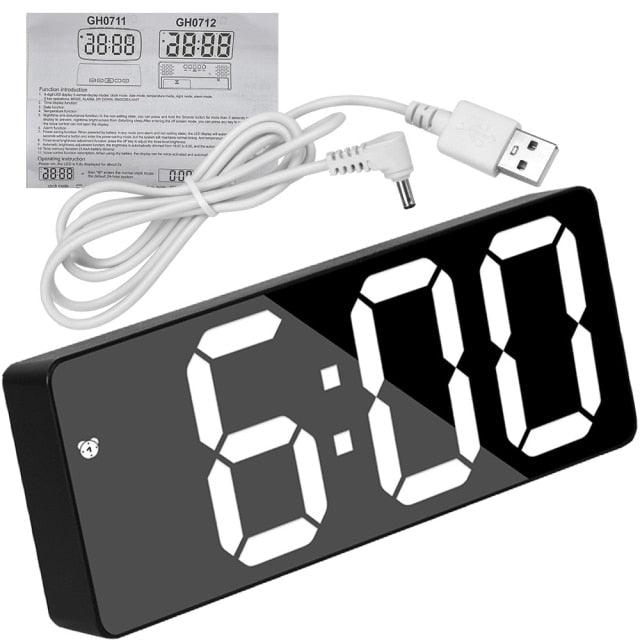 Digital Table Clock Digital Alarm Clock LED Bedside Clock Dual Alarm Adjustable Volume Alarm Clock for Bedroom Electronic 7 Inch Number Desktop Alarm Clocks For Kids Bedroom LED Screen Curved Dimmable Mirror
